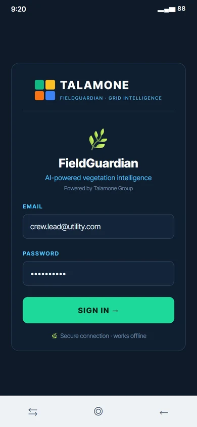 FieldGuard app start screen on a phone: sign in