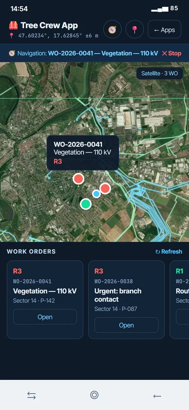 Mapa de FieldGuard con navegación hasta una orden de trabajo y la lista de órdenes de trabajo por riesgo