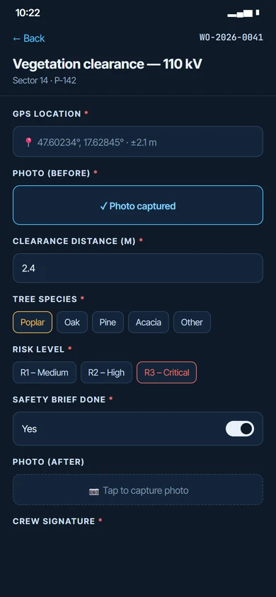 FieldGuard work order form: GPS location, photos, clearance distance, tree species, risk level, safety brief