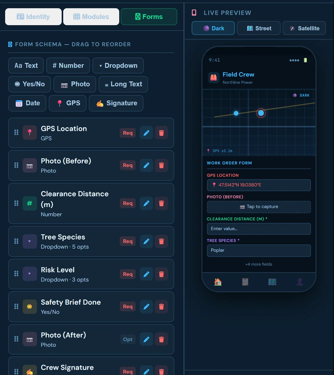 FieldGuard app editor: form fields on the left, live phone preview on the right
