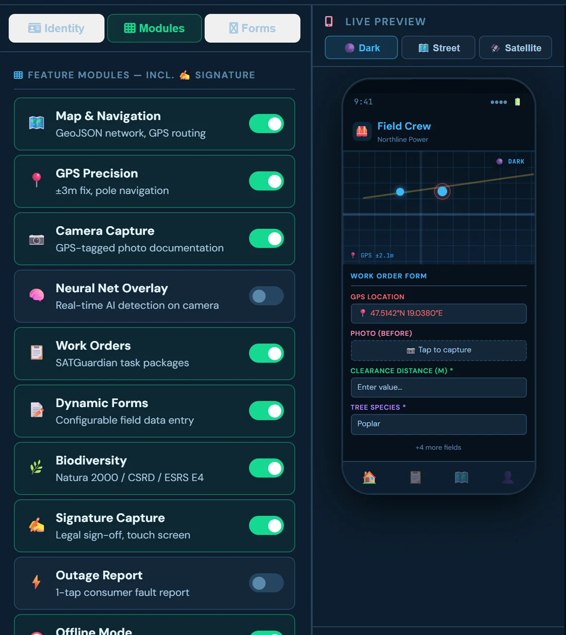 Module switches in the FieldGuard editor with live phone preview