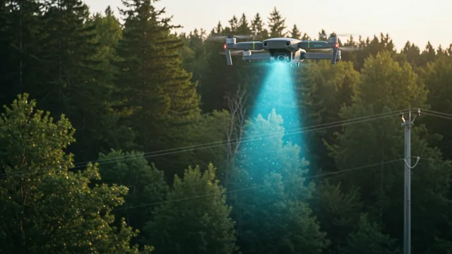 Drone scanning forest and a power line
