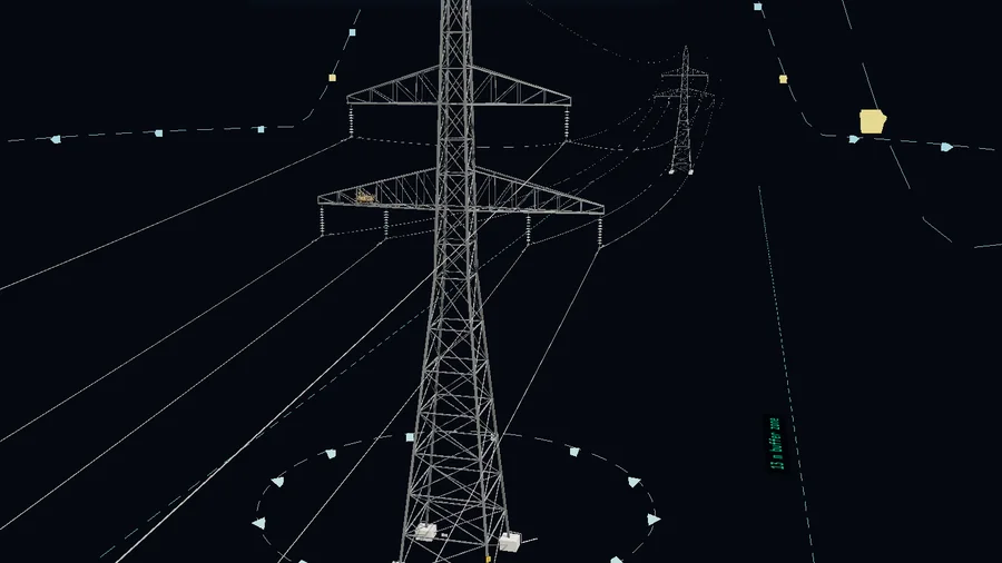 Torre de transmisión en 3D reconstruida a partir de fotos de dron, con las trayectorias de vuelo orbitales automatizadas