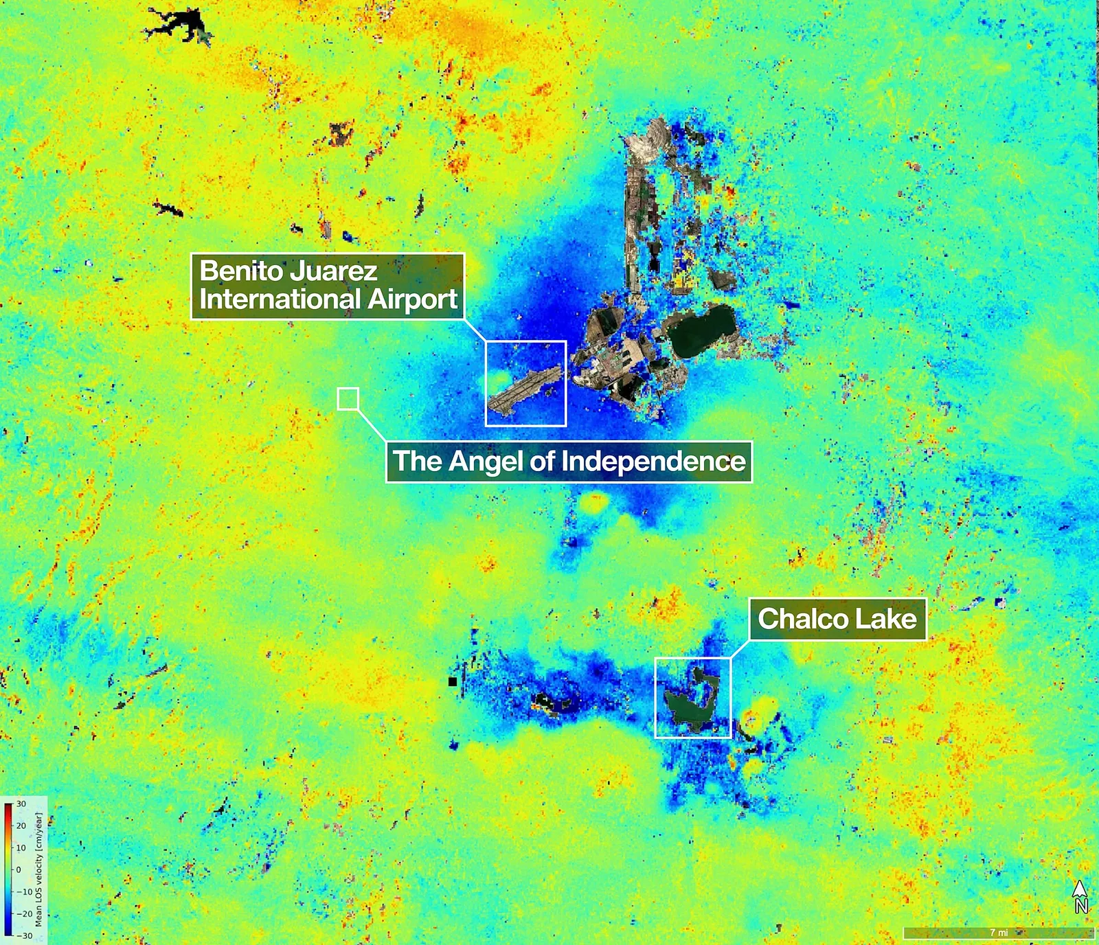 Satellite radar map of Mexico City with sinking areas in blue around the airport and Chalco Lake