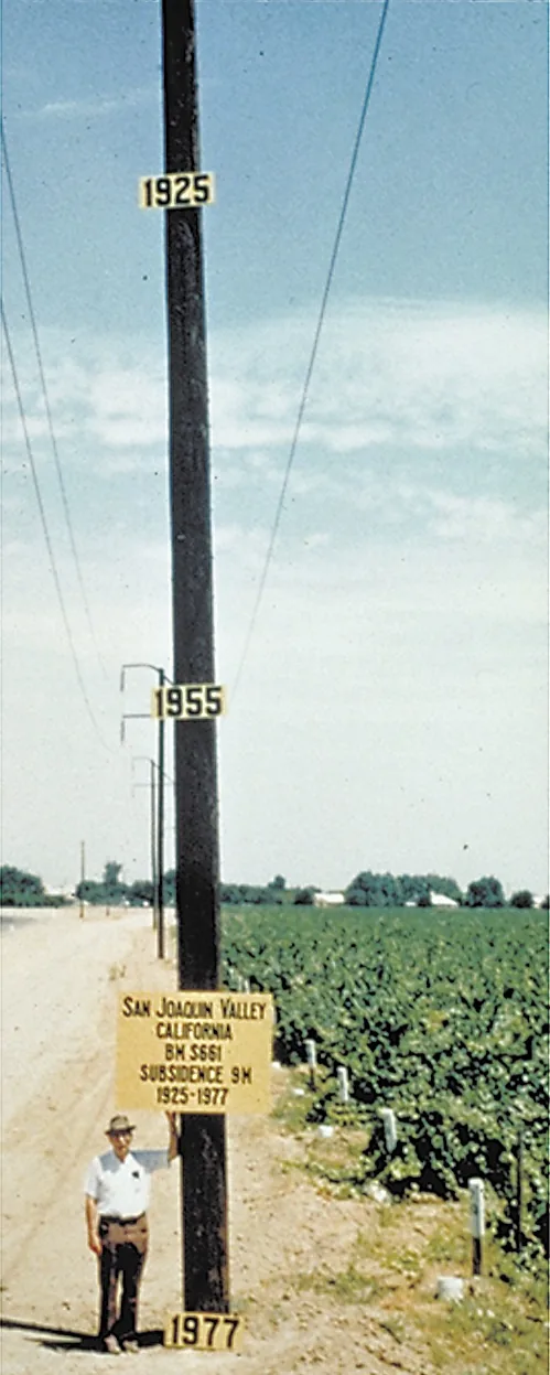 A tall pole in a field with signs marking the ground level in 1925, 1955 and 1977