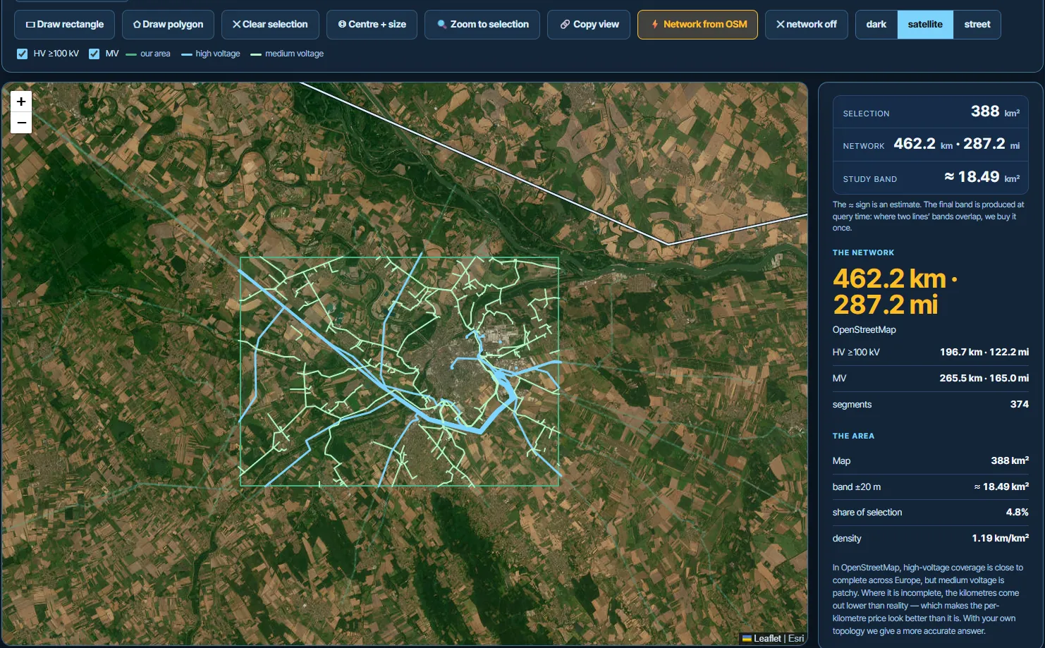 El marketplace de datos satelitales: una zona seleccionada sobre un mapa base satelital con la red de alta y media tensión cargada, y un panel lateral con la longitud de la red y la superficie de la franja de estudio