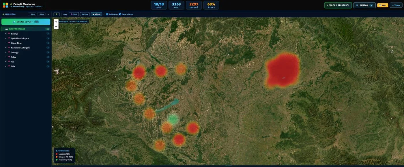 Mapa de calor de risco de ambrósia do AgriGuard na Hungria