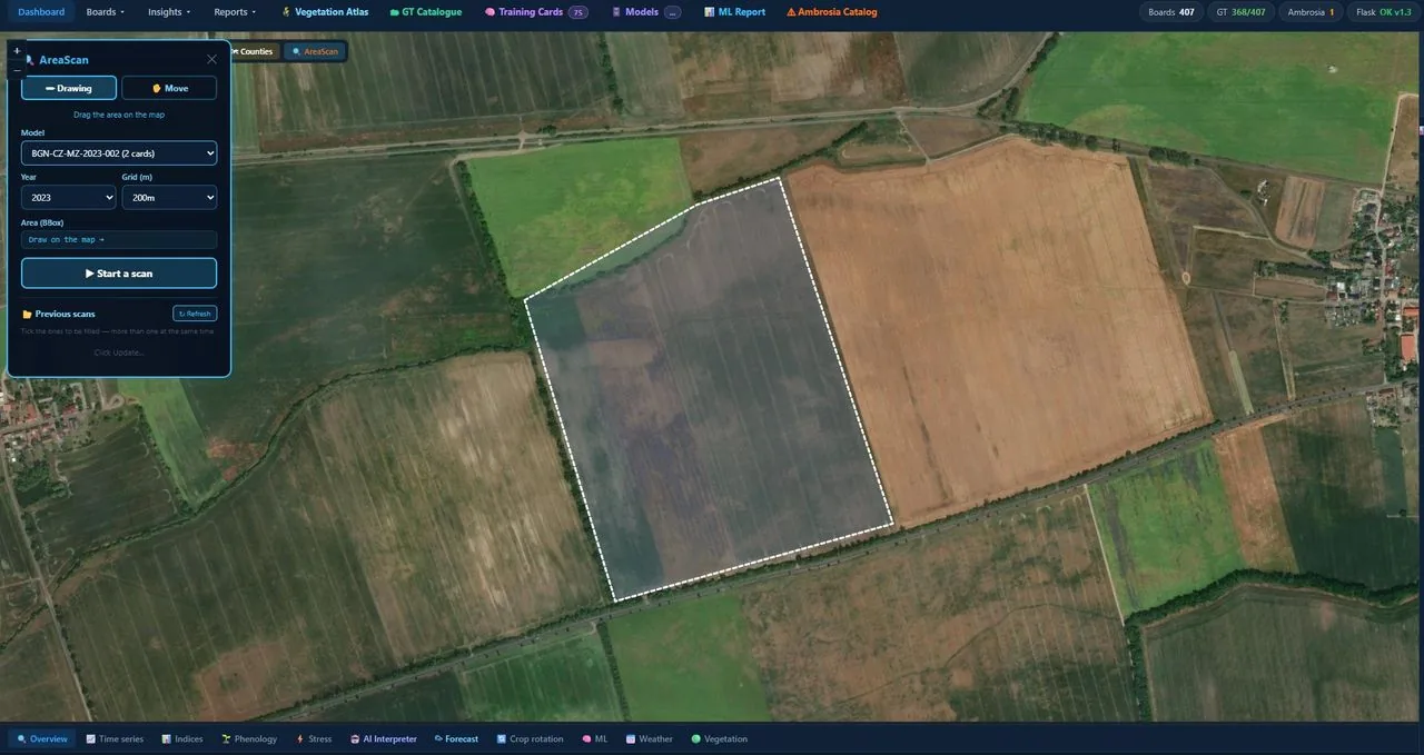 AreaScan: drawing a polygon on the satellite map and selecting a model