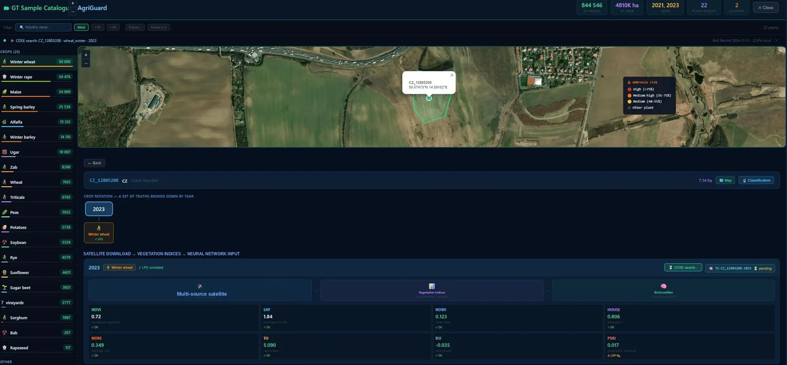 GT Sample Catalogue: 844K parcels across 22 plant species, satellite-validated training data, full crop rotation and feature extraction view