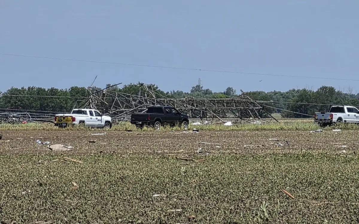 Una torre de transmisión de acero derrumbada en un campo tras un tornado