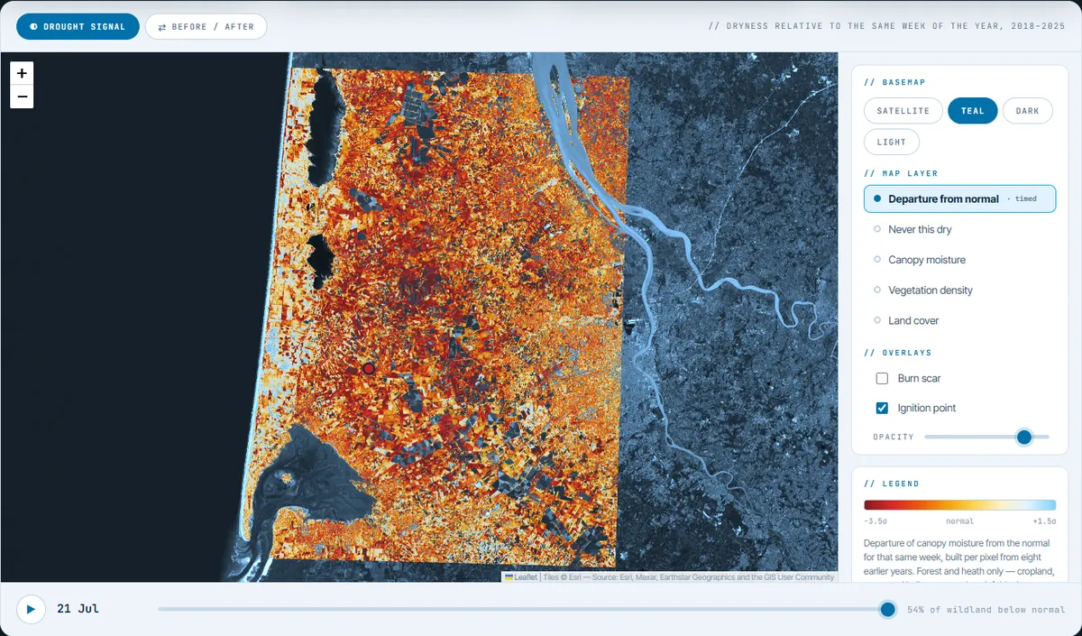 Mapa do sinal de seca da Gironde com controles de camadas e barra de tempo